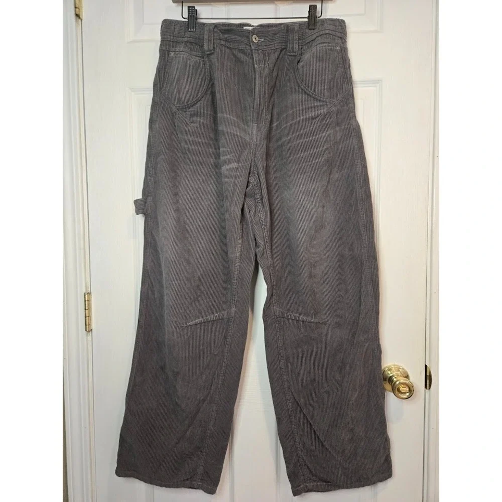 Free People Faye Low Slung Boyfriend Corduroy Carpenter Pants Gray Size 30 Baggy